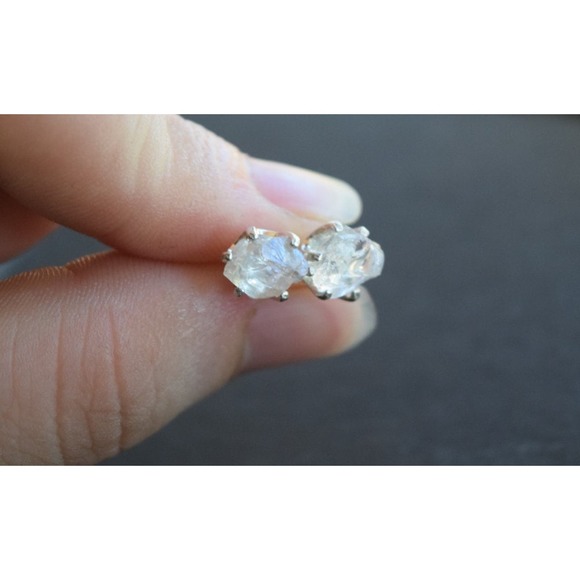Sterling silver stud earrings, alternative diamond, uncut natural gemsto… - Picture 1 of 5